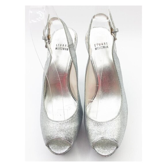 STUART WETZMAN Silver Glitter Open Toe Platform Slingback Pumps - Picture 4 of 13